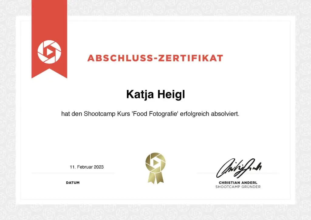 Zertifikat Food Fotografie Schootcamp Katja Heigl